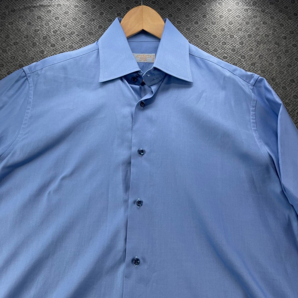 Vintage Lot 2 Ateseta Firenze Mens Dress Shirts 16.5 42 Blue Striped Solid Italy - Picture 15 of 16